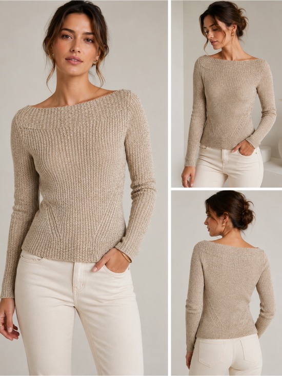 Donna Karan Sweaters - Donna Karan Wide Ballet Neck Cropped Knit Sweater Oatmeal Size M